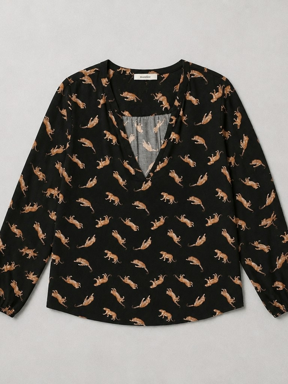 Mandee Black Leopard Print V-Neck Blouse Long Sleeve Animal Print Top Fits M/L